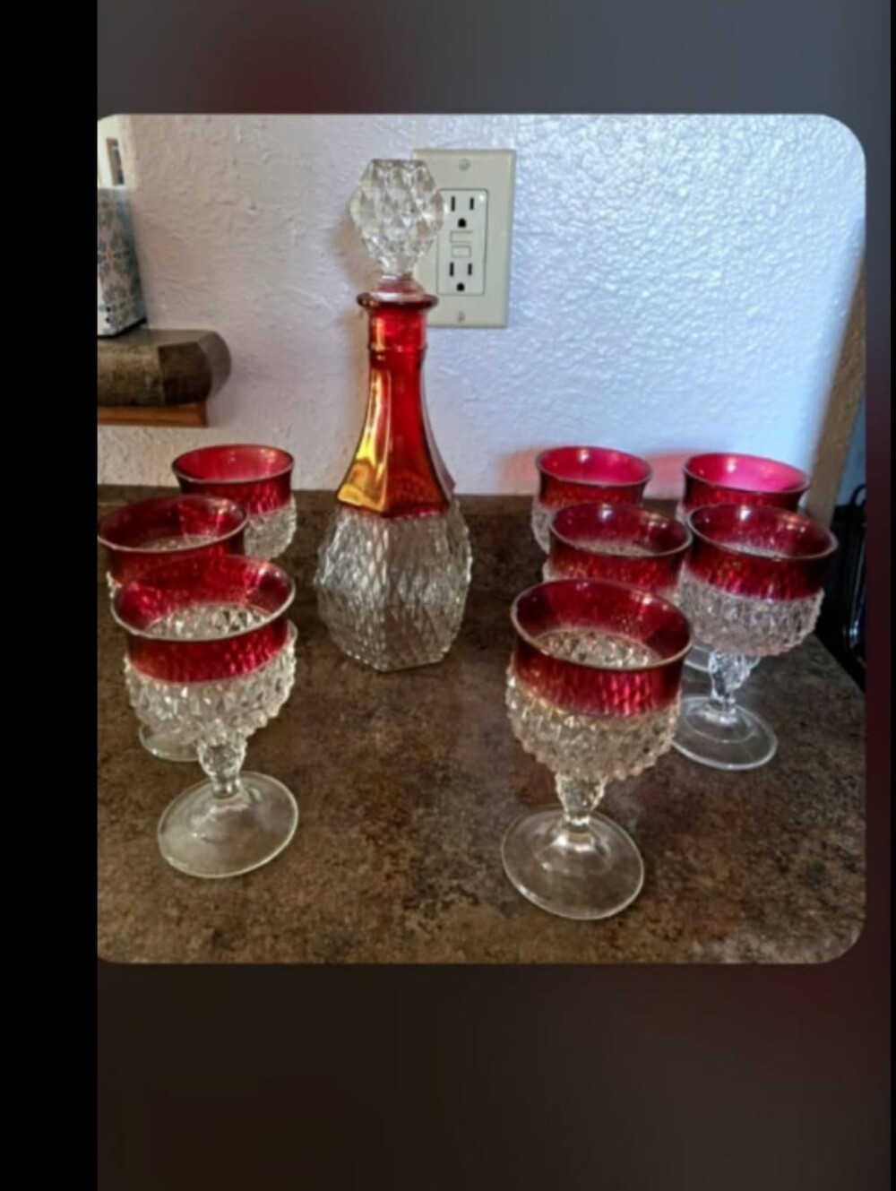 vintage Indiana Glass Co Diamond Point Ruby decanter set with 8 glasses